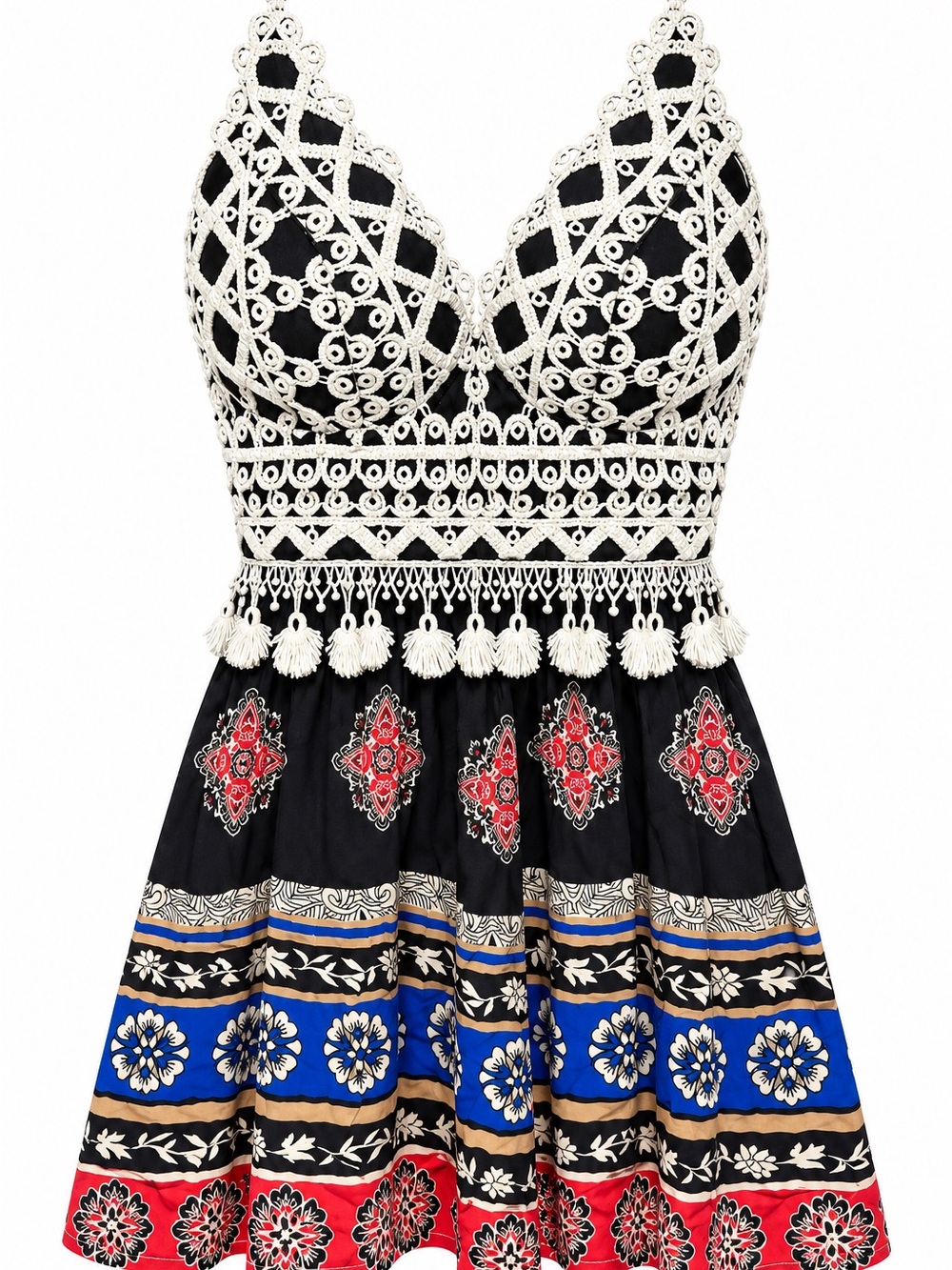 Boho Crochet Bustier Dress with Black, Red & Blue Pattern